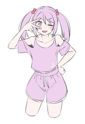 1girl ;d alternate_costume blush breasts casual collarbone cowboy_shot cropped_legs hair_bobbles hair_ornament hand_on_own_hip kantai_collection long_hair looking_at_viewer medium_hair one_eye_closed open_mouth pink_eyes pink_hair pink_shirt pink_shorts purple_eyes romaji_commentary sazanami_(kancolle) shirt short_shorts short_sleeves shorts simple_background smile solo standing tamu_(mad_works) twintails v v_over_eye white_background