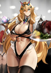 2girls abs absurdres baobhan_sith_(fate) barghest_(fate) bikini black_thighhighs blonde_hair breasts cleavage fate/grand_order fate_(series) food from_behind green_eyes highleg highleg_bikini highres horns jikihatiman large_breasts long_hair looking_at_viewer maid maid_bikini multiple_girls muscular muscular_female navel plate smile solo swimsuit teapot thighhighs thighs unconventional_maid