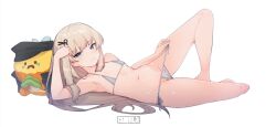 1girl amanogawa_shiina armpits artist_logo artist_name bare_arms bare_legs bare_shoulders barefoot beret bikini bikini_pull blonde_hair blue_eyes blush cameltoe closed_mouth clothes_pull collarbone flat_chest full_body grey_bikini groin hair_ornament hair_spread_out hairclip hat highres knee_up logo long_hair looking_at_viewer lying micro_bikini navel on_back on_side phase_connect pulling_own_clothes pussy pussy_peek ribbon sad_bee_(amanogawa_shiina) scissors_hair_ornament side-tie_bikini_bottom sidelocks simple_background solo stomach string_bikini stuffed_animal stuffed_bee stuffed_toy swimsuit thighs tilt-shift_(azalanz) untied_bikini very_long_hair