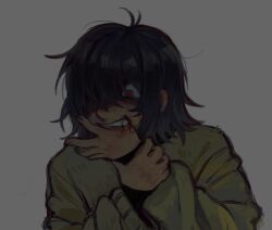 1other biting_own_hand black_hair blood commentary deltarune english_commentary green_sweater grey_background hair_over_one_eye highres holding_own_wrist kris_(deltarune) long_sleeves meko_(mothids) other_focus red_eyes short_hair solo sweater