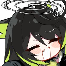 1girl ahoge animal_ears arknights black_hair black_jacket blush_stickers cat_ears chibi closed_eyes commentary_request fang hair_between_eyes jacket kinbakuman lowres mon3tr_(arknights) mosquito_coil open_mouth smile solo upper_body