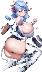1girl absurdres ako_(blue_archive) alternate_costume animal_ears animal_print ass bare_shoulders blue_archive blue_eyes blue_hair blush breasts closed_mouth condom condom_box cow_ears cow_horns cow_print cow_print_gloves cow_print_thighhighs cow_tail cowbell dishui_tangni dot_mouth dot_nose elbow_gloves fake_animal_ears fake_horns fake_tail fingerless_gloves from_side frown gloves heart highres holstered horns huge_breasts looking_at_viewer looking_to_the_side lying neck_bell on_side print_gloves print_thighhighs revealing_clothes shoes sideboob simple_background sleeveless solo tail thick_thighs thighhighs thighs undersized_clothes undersized_thighhighs unworn_shoes white_background
