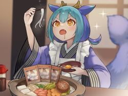 1girl absurdres apron ash_blossom_&amp;_joyous_spring blue_hair card_game chopsticks dragon_girl dragon_horns dragon_tail duel_monster egg_yolk food frilled_apron frills hair_between_eyes highres holding holding_chopsticks horns hotpot japanese_clothes kimono laundry_dragonmaid long_sleeves looking_up maid maid_apron open_mouth saliva senada37 short_hair short_twintails solo sparkling_eyes tail twintails vegetable wa_maid white_apron yellow_eyes yu-gi-oh!