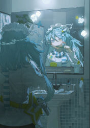Rule 34 | 1girl, absurdres, bathroom, belt, blue eyes, blue hair, blue scarf, brushing teeth, commentary request, commission, cup, english text, hair between eyes, hair ornament, heterochromia, highres, holding, holding toothbrush, kiduki, long hair, long sleeves, mug, multicolored scarf, one side up, original, scarf, seal (animal), shirt, shower curtain, sink, solo, star (symbol), striped clothes, striped scarf, stuffed toy, teeth, tooth, toothbrush, toothpaste, water, white headdress, white scarf, white shirt, yellow belt, yellow eyes