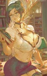 1girl black_bra black_skirt black_thighhighs book bookshelf bra breasts choker cleavage collared_shirt cutesexyrobutts glasses green_eyes green_hair hair_bun highres large_breasts librarian library medium_hair midriff miniskirt navel original pencil_skirt shirt short_sleeves single_hair_bun skirt solo thighhighs tied_shirt underwear white_shirt