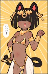 1girl ancient_egyptian ancient_egyptian_clothes animal_ears ankh bell bikini black_hair bob_cut cat_ears cat_girl cat_tail colored_inner_hair dark-skinned_female dark_skin gold_bikini jewelry jingle_bell kuroshiro_gurei multicolored_hair navel neck_bell original simple_background solo streaked_hair sweat swimsuit tail thong_bikini yellow_background