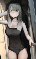 1girl absurdres basasyu black_eyes black_nails black_panties black_tank_top breasts cleavage doorway flower_tattoo green_hair highres indoors looking_at_viewer neck_tattoo original panties parted_lips slit_pupils solo tank_top tattoo towel underwear wet
