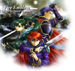 Rule 34 | 1girl, 2boys, arm up, armor, axe, blue armor, blue eyes, blue hair, durandal (fire emblem), eliwood (fire emblem), fingerless gloves, fire emblem, fire emblem: the blazing blade, gloves, green hair, hector (fire emblem), holding, holding axe, holding sword, holding weapon, long hair, lowres, lyn (fire emblem), multiple boys, nintendo, ponytail, red hair, sword, usachu now, weapon