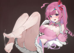 1girl ass bare_shoulders barefoot blue_hair blush bow bowtie breasts brown_background commission detached_sleeves dress eyelashes fang feet foot_focus foreshortening frilled_dress frills hair_ornament hair_ribbon kagemoe1003 knees_up large_breasts legs long_hair mole mole_on_breast multicolored_hair open_mouth original panties pink_bow pink_bowtie pink_dress pink_hair puffy_short_sleeves puffy_sleeves purple_eyes pussy_juice ribbon short_sleeves simple_background skin_fang solo streaked_hair suggestive_fluid thighs toenails toes underwear white_panties x_hair_ornament