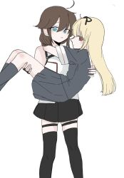 2girls ahoge alternate_eye_color black_gloves black_hair black_serafuku black_shirt black_skirt black_thighhighs blonde_hair blue_eyes braid feet_out_of_frame fingerless_gloves gloves hair_flaps hair_over_shoulder hemu_t highres kantai_collection long_hair looking_at_viewer multiple_girls pleated_skirt red_eyes sailor_collar school_uniform serafuku shigure_(kancolle) shigure_kai_san_(kancolle) shirt simple_background single_braid skirt sleeveless sleeveless_shirt thighhighs two-tone_shirt white_background white_sailor_collar yuudachi_(kancolle)