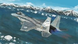 1boy absurdres ace_combat ace_combat_7 afterburner aim-9_sidewinder air-to-air_missile aircraft airplane canopy_(aircraft) claw_mark cockpit commentary_request day f-15_eagle fighter_jet flight_suit fox gun gun_in_mouth handgun helmet highres iceberg military_vehicle missile mountainous_horizon ocean osean_flag outdoors pilot pilot_helmet revolver roundel shinji_(shinjisq) signature sin_lines sky solo trigger_(ace_combat) vehicle_focus water weapon
