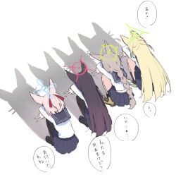 4girls animal_ears black_hair black_pantyhose black_sailor_collar black_shoes black_skirt blonde_hair blue_archive blue_halo braid braided_ponytail brown_hair cat_shadow_puppet_(meme) dutch_angle fox_ears fox_girl fox_platoon_(blue_archive) from_above full_body green_halo hair_ribbon half_updo halo highres kurumi_(blue_archive) loafers long_hair long_sleeves low_ponytail medium_hair meme miniskirt multiple_girls niko_(blue_archive) otogi_(blue_archive) pantyhose pink_hair piwa pleated_skirt ponytail red_halo red_ribbon ribbon sailor_collar school_uniform serafuku shadow shirt shoes simple_background sketch skirt speech_bubble squatting straight_hair translated two_side_up very_long_hair white_background white_shirt yukino_(blue_archive)