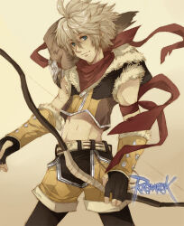 1boy armband bird black_gloves black_pants blue_eyes bow_(weapon) brown_gloves brown_shirt brown_shorts closed_mouth commentary_request copyright_name cowboy_shot crop_top fingerless_gloves fur-trimmed_gloves fur-trimmed_shirt fur_trim gloves grey_hair hawk holding holding_bow_(weapon) holding_weapon looking_at_viewer male_focus maruko midriff multicolored_shirt navel pants pants_under_shorts ragnarok_online shirt short_hair shorts sleeveless sleeveless_shirt smile sniper_(ragnarok_online) solo two-tone_gloves weapon