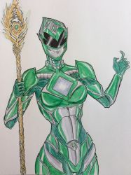 absurdres armor dragon_ranger helmet highres mighty_morphin_green_ranger muscular muscular_female painting_(medium) power_rangers power_rangers_(movie) self-upload solo staff standing tokusatsu traditional_media watercolor_(medium) witch witch_bandora