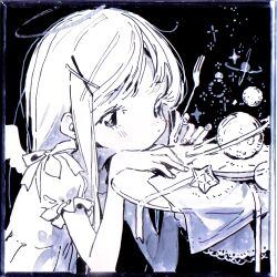 1girl absurdres angel angel_wings black_background fork hair_ornament halo hidari_(nanmu-left) highres holding holding_fork long_hair monochrome original planet short_sleeves solo sparkle traditional_halo upper_body wings