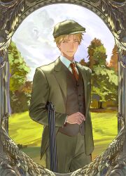 1boy absurdres axis_powers_hetalia beret blonde_hair blue_sky breast_pocket brown_vest buttons chinese_commentary closed_mouth cloud cloudy_sky collared_shirt commentary_request cowboy_shot day formal_clothes grass green_eyes green_hat green_jacket green_pants hat highres jacket lapels long_sleeves looking_at_viewer male_focus necktie open_clothes open_jacket outdoors pants picture_frame pocket red_necktie shadow shirt short_hair sky smile solo standing suit suit_jacket tree umbrella united_kingdom_(hetalia) vest visor_cap white_shirt zhongerweiyuan
