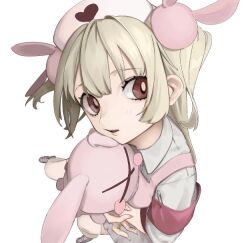 Rule 34 | 1girl, apron, armband, brown hair, collared shirt, hair between eyes, hair ornament, hat, holding, holding stuffed toy, long hair, looking at another, natori sana, natori sana (nurse), nurse cap, parted lips, pink apron, pink armband, rabbit hair ornament, red eyes, sana channel, shirt, shoes, short sleeves, simple background, solo, stuffed animal, stuffed rabbit, stuffed toy, thighhighs, two side up, umashio potechi-san, virtual youtuber, white background, white shirt