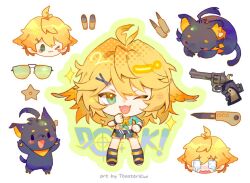 Rule 34 | 1girl, :3, ahoge, aqua eyes, aqua shirt, artist name, blonde hair, cartridge, character name, chibi, crying, doki amber doge (dokibird), dokibird, full body, gun, hair ornament, hairclip, handgun, indie virtual youtuber, knife, looking at viewer, medium hair, multiple views, one eye closed, open mouth, revolver, shirt, shoes, shorts, simple background, smile, star (symbol), sunglasses, toasterkiwi, virtual youtuber, weapon, white background