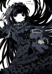 1girl black_choker black_dress black_eyes black_hair black_hairband bow bowtie brooch buttons card choker closed_mouth collared_dress commission corset cross cross_pendant double-breasted downturned_eyes dress earrings expressionless floating_hair frilled_dress frilled_hairband frilled_sleeves frills gothic_lolita greyscale hair_rings hairband highres holding holding_card holding_stuffed_toy jewelry juliet_sleeves layered_sleeves lolita_fashion long_dress long_hair long_sleeves looking_at_viewer merumerimera monochrome original puffy_sleeves ring simple_background skeb_commission sleep_mask solo spiked_hairband spikes stuffed_animal stuffed_toy teddy_bear twitter_username very_long_hair white_background winged_heart