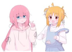 &gt;_&lt; 2girls ahoge alternate_costume alternate_hairstyle animalization bent_v black_ribbon blonde_hair blue_eyes blue_overalls blush bocchi_the_rock! bowl collar collared_shirt detached_ahoge frilled_collar frills glass_bowl gotoh_hitori gotoh_hitori_(octopus) hair_ribbon hand_up hands_up highres holding holding_bowl hood hoodie ijichi_nijika long_hair long_sleeves looking_at_viewer messy_hair multiple_girls open_mouth overalls pink_hair pink_hoodie red_eyes ribbon shaded_face shirt sidelocks simple_background single_off_shoulder sleeves_past_wrists smile tears upper_body v very_long_hair white_background white_shirt yomogidx