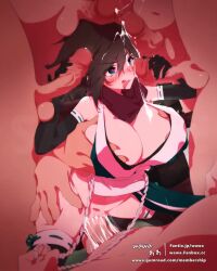 1girl 5boys animated blue_eyes blush breasts brown_hair censored cleavage cum cum_in_pussy cum_on_hair double_handjob ejaculation elbow_gloves facial_hair fat_mons gloves grabbing_another&#039;s_breast grabbing_from_behind groping group_sex handjob heart heart-shaped_pupils hetero highres huge_breasts japanese_clothes ninja large_penis licking_lips looping_animation mosaic_censoring multiple_boys navel ninja original pelvic_curtain penis penis_awe penis_on_face penis_on_head pumping pussy pussy_juice ribbon-trimmed_legwear ribbon-trimmed_thighhighs ribbon_trim scarf sex shiny_skin spread_legs symbol-shaped_pupils tagme testicles thighhighs thighs tongue tongue_out vaginal video watermark wawa_(lingomogu)
