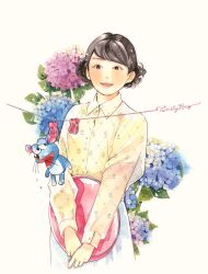 Rule 34 | 1boy, black eyes, black hair, blue skirt, bright pupils, collared shirt, commentary, crossdressing, crossdressing (mtf), english commentary, english text, highres, holding, holding plate, hoshino gen, male focus, mole, mole above mouth, ogen-san-chi no nezumi, ogen-san to isshou, pink shirt, plate, shirt, short hair, skirt, swept bangs, traditional media, watercolor pencil (medium), white pupils, yoshida haruyuki