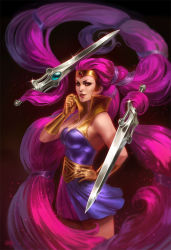 1girl absurdly_long_hair artist_name breasts cleavage cowboy_shot entrapta female_focus gem gloves gradient_background lipstick long_hair looking_at_viewer makeup masters_of_the_universe medium_breasts pink_eyes pink_hair realistic simple_background solo standing sword teeth tiara twintails upper_body very_long_hair weapon