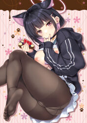 1girl animal_ears ass black_choker black_hair black_jacket black_pantyhose black_serafuku blue_archive breasts breasts_out cake cake_slice cameltoe cat_ears cat_girl choker food fruit halo highres holding holding_food jacket kazusa_(blue_archive) large_breasts long_sleeves looking_at_viewer nipples no_bra no_shoes panties pantyhose pink_eyes pleated_skirt school_uniform serafuku shigunyan short_hair skirt soles solo strawberry toes underwear white_panties white_skirt