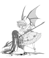 Rule 34 | 2girls, absurdres, bat wings, beret, blood, chinese clothes, closed eyes, commentary request, hat, hat ornament, hat ribbon, highres, hong meiling, long hair, mob cap, monochrome, multiple girls, polearm, puffy short sleeves, puffy sleeves, remilia scarlet, ribbon, sarukana, shirt, short hair, short sleeves, simple background, skirt, spear, spear the gungnir, star (symbol), star hat ornament, touhou, weapon, white background, wings, wrist cuffs