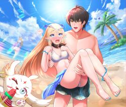 1boy 2girls abby_(wuthering_waves) absurdres bare_shoulders beach bikini bikini_skirt black_collar blonde_hair blue_eyes blue_nails blush carrying cartethyia_(wuthering_waves) cloud cloudy_sky coconut_tree collar confused crown_of_thorns dress dual_persona earrings fleurdelys_(wuthering_waves) food gold_horns highres horns jewelry long_dress long_hair male_rover_(wuthering_waves) multiple_girls nail_polish open_mouth palm_tree pointy_ears popsicle princess_carry rover_(wuthering_waves) sand shorts single_horn sky sun swimsuit tacet_mark_(wuthering_waves) toenail_polish toenails tree user_yexv8485 wading watermelon_bar white_bikini wuthering_waves yellow_eyes