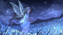 1girl ass_peek bare_legs black_bra blue_flower bra bright_pupils brown_hair cloud collared_dress commentary commission cowboy_shot daisy_(flower) dress english_commentary eyelashes eyes_visible_through_hair fairy fairy_wings field flower flower_field from_behind hair_ornament hair_over_one_eye happy highres light_particles long_hair long_sleeves looking_at_viewer looking_back meteor_shower mountainous_horizon multiple_girls night night_sky offering_hand open_mouth original outdoors purple_eyes shooting_star single_bare_shoulder sky solo standing star-shaped_pupils star_(symbol) star_hair_ornament symbol-shaped_pupils transparent_wings underwear very_long_hair white_dress white_pupils white_wings wikate wings