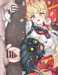 1boy 1girl :o absurdres alice_thymefield animal_ears bar_censor black_skirt blonde_hair blush breasts censored commentary daram_(shappydude) fingerless_gloves gloves hand_on_own_leg hetero heterochromia highres indoors large_breasts large_variant_set long_hair open_mouth orange_eyes pantyhose penis pleated_skirt red_eyes revision sex shirt skirt split standing standing_on_one_leg standing_sex standing_split sweat torn_clothes torn_pantyhose vaginal variant_set white_shirt zenless_zone_zero