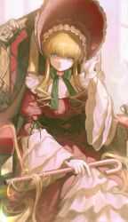 1girl absurdres blonde_hair blue_eyes bonnet bow cane closed_mouth dress flower gootai green_bow green_ribbon hat highres holding holding_cane looking_at_viewer neck_ribbon pink_flower pink_rose red_dress red_hat ribbon rose rozen_maiden shinku solo