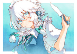Rule 34 | 1girl, blue dress, blue eyes, blush, braid, dress, hair between eyes, highres, holding, holding knife, izayoi sakuya, knife, looking at viewer, maid, maid headdress, medium hair, rinka (qqqrinkappp), short sleeves, smile, solo, touhou, twin braids, upper body, white hair, white sleeves