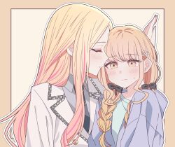 2girls black_bow black_necktie blonde_hair blue_shirt blush border bow braid collared_shirt commentary fang fujita_kotone gakuen_idolmaster grey_shirt hair_bow highres hood hoodie idolmaster jacket juo_sena kabedon kousaka_0v0 long_hair multicolored_hair multiple_girls necktie orange_border orange_hair outline parted_lips pink_hair purple_hoodie shirt simple_background skin_fang streaked_hair sweatdrop twin_braids white_jacket white_outline yellow_background yellow_eyes yuri