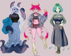 Rule 34 | 3girls, black shirt, breasts, cleavage, colored skin, cup, dress, full body, green hair, green skin, grey dress, grey hair, grey jacket, hand in pocket, high heels, holding, holding cup, ippaiotabe mkw, jacket, marina (omori), medusa (omori), midriff, molly (omori), monster girl, multiple girls, omori, open mouth, pink hair, pink skin, purple skin, red eyes, see-through cleavage, see-through clothes, shirt, siblings, sisters, socks, tentacle arm, tentacle hair
