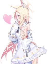 1girl 1other animal_ears armpits bird blue_archive dress fox_ears ggab0621 heart long_hair looking_at_viewer pantyhose seia_(blue_archive) simple_background twitter white_background white_dress white_pantyhose