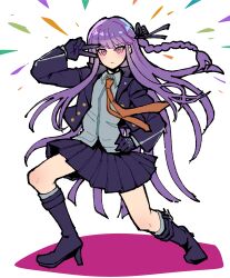 1girl black_gloves black_ribbon boots braid breasts collared_shirt commentary_request danganronpa:_trigger_happy_havoc danganronpa_(series) frown gloves hair_ribbon high_heel_boots high_heels highres jacket kirigiri_kyoko long_hair long_sleeves looking_at_viewer miniskirt necktie open_clothes open_jacket purple_eyes purple_hair ribbon shirt side_braid skirt solo v v_over_eye youko-shima