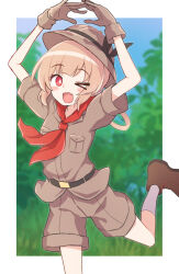 1girl arms_up belt black_belt blush border brown_gloves brown_hair brown_hat brown_shirt brown_shoes brown_shorts fang gloves grey_socks hat looking_at_viewer natori_sana neckerchief one_eye_closed open_mouth outside_border red_eyes red_neckerchief sana_channel sanz_zzz shirt shoes short_sleeves shorts skin_fang socks solo virtual_youtuber white_border
