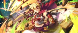 Rule 34 | 1boy, armor, belt, belt pouch, black gloves, blonde hair, breastplate, brown belt, cape, debris, dust (konosuba), fingerless gloves, game cg, gloves, grin, hand up, headband, highres, holding, holding sword, holding weapon, kono subarashii sekai ni shukufuku wo!, konosuba! fantastic days, looking at viewer, mole, mole under eye, official alternate costume, official art, outstretched arm, pauldrons, pouch, red cape, red eyes, red headband, scabbard, sheath, short hair, shoulder armor, shoulder belt, single pauldron, slashing, smile, solo, standing, sword, unsheathed, v-shaped eyebrows, vambraces, weapon