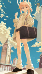 2girls absurdres airi_(band)_(blue_archive) airi_(blue_archive) aqua_(eos8012) bag band_shirt black_shoes blue_archive blue_sky clock clock_tower cloud cloudy_sky commentary_request full_body halo highres holding holding_ice_cream_cone ice_cream_cone leg_warmers looking_at_another merchandise multiple_girls natsu_(band)_(blue_archive) natsu_(blue_archive) official_alternate_costume outdoors pink_hair pleated_skirt red_eyes school_bag shoes skirt sky standing tower white_leg_warmers