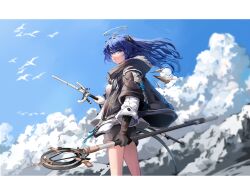 1girl absurdres arknights asymmetrical_gloves black_gloves black_jacket black_shorts blue_eyes blue_hair demon_horns detached_wings fallen_angel fur-trimmed_hood fur-trimmed_jacket fur_trim gloves halo highres holding holding_staff hood hood_down hooded_jacket horns jacket long_hair mismatched_gloves mostima_(arknights) shirt shorts solo staff tail white_gloves white_shirt wings yonjuri