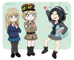 Rule 34 | 3girls, aqclk, asparagus (girls und panzer), basket, bc freedom military uniform, belt, belt buckle, black belt, black footwear, black hair, black hat, black necktie, black pantyhose, black undershirt, blonde hair, blue eyes, blue jacket, blue skirt, blue sweater, blush, boots, breasts, brown jacket, brown skirt, buckle, closed eyes, closed mouth, collared shirt, earl grey (girls und panzer), fake antennae, girls und panzer, girls und panzer phase erika, girls und panzer ribbon no musha, grey skirt, hairband, hat, heart, holding, holding basket, holding heart, jacket, keizoku military uniform, kepi, long hair, long sleeves, military hat, miniskirt, multiple girls, necktie, open clothes, open jacket, open mouth, pantyhose, school uniform, shirt, short hair, signature, skirt, smile, st. gloriana&#039;s school uniform, sweater, touko (girls und panzer), track jacket, white hairband, white shirt