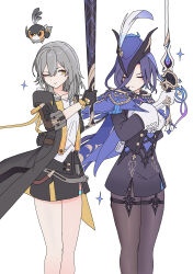 2girls ;) absolution_(genshin_impact) absurdres bare_legs baseball_bat black_jacket black_skirt clorinde_(genshin_impact) closed_eyes commentary_request corset earrings feet_out_of_frame genshin_impact gloves grey_hair hat highres holding holding_baseball_bat holding_sword holding_weapon honkai:_star_rail honkai_(series) ishikawa_yui jacket jewelry long_hair looking_at_another mihoyo miniskirt multiple_girls one_eye_closed origami_bird_(honkai:_star_rail) origami_gyokuo pantyhose purple_hair rapier shirt short_sleeves simple_background skirt smile standing stelle_(honkai:_star_rail) sword thigh_strap trailblazer_(honkai:_star_rail) tricorne voice_actor_connection weapon white_background white_gloves white_shirt yellow_eyes
