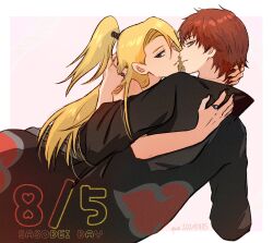 2boys asymmetrical_bangs black_nails blonde_hair blue_eyes border cuddling deidara_(naruto) english_text eyeliner fishnet_top fishnets green_nails high_ponytail highres imminent_kiss jewelry long_hair looking_at_viewer makeup male_focus miomu4 multiple_boys naruto_(series) naruto_shippuuden parted_lips ponytail red_eyes red_hair ring robe sasori_(naruto) short_hair simple_background white_border yaoi