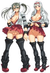 10s 2girls angry armor armored_boots bad_id bad_pixiv_id blush boots bottomless breasts breasts_out cleavage cleft_of_venus clothes_lift cosine fat_mons female_focus full_body gluteal_fold green_eyes grey_hair hair_ribbon hairband highres japanese_clothes kantai_collection kimono kimono_skirt large_breasts long_hair looking_at_viewer multiple_girls nipples no_panties open_clothes puffy_nipples purple_eyes pussy ribbon shoukaku_(kancolle) skirt skirt_lift smile standing thigh_boots thighhighs transparent_background twintails uncensored white_ribbon zuikaku_(kancolle)