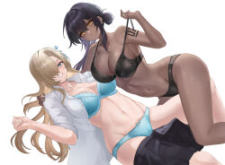 2girls absurdres arm_tattoo asuna_(blue_archive) black_bra black_hair black_pantyhose black_skirt blue_archive blue_bra blue_eyes blue_panties blue_ribbon bra bra_pull breasts clothes_pull colored_inner_hair commentary dark-skinned_female dark_skin hair_ribbon highres karin_(blue_archive) large_breasts light_brown_hair looking_at_viewer multicolored_hair multiple_girls navel no_halo number_tattoo one_eye_closed open_clothes open_shirt panties pantyhose pulling_own_clothes purple_hair ribbon shirt simple_background skirt sorajang11 stomach tattoo thighs underwear unworn_skirt white_background white_shirt yellow_eyes