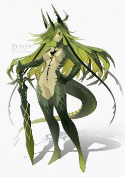 1girl argyle_background colored_inner_hair colored_sclera colored_skin commentary_request cracked_skin full_body green_hair green_sclera green_skin hair_over_one_eye hand_on_own_hip highres holding holding_sword holding_weapon hollow_body horns lizard_tail long_hair looking_at_viewer monster_girl multicolored_hair original ruteko_(ruko220) shadow slit_pupils solo standing sword tail very_long_hair weapon white_background yellow_eyes