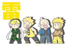 1girl 3boys blonde_hair cosplay costume_switch electric elesa_(pokemon) gym_leader multiple_boys nintendo pokemon surge_(pokemon) volkner_(pokemon) wattson_(pokemon) white_background white_hair