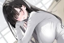 Rule 34 | 1girl, :p, asmr, black hair, blush, breasts, commentary request, crossed bangs, dutch angle, from side, grey eyes, grey sweater, hair between eyes, hand on own face, indoors, large breasts, light particles, long hair, long sleeves, looking at viewer, original, sidelocks, sleeves past wrists, solo, sparkle, sweater, tongue, tongue out, turtleneck, turtleneck sweater, upper body, very long hair, window, yuita (yuita17)